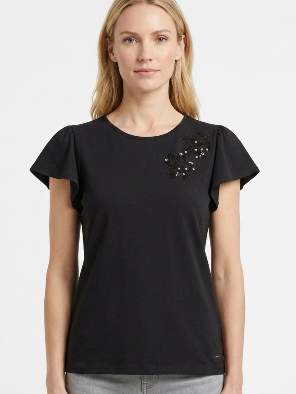 Anne Klein Black Flutter-Sleeve Embellished Tee